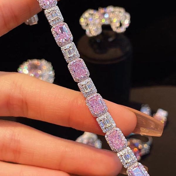 Trendiger quadratischer rosafarbener Diamant-Armreif, 100 % echtes 925er Sterlingsilber, Hochzeitsarmbänder für Frauen, Braut- und Verlobungsschmuck