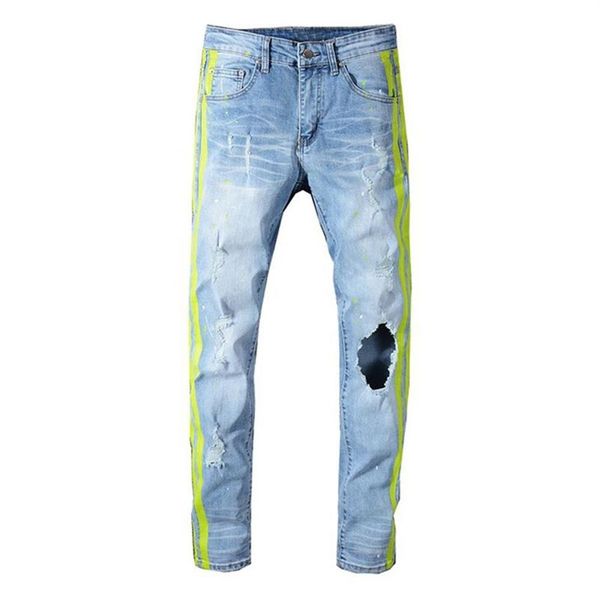 Masculino casual homem neon amarelo cor linhas retalhos jeans rasgados moda buracos destruído denim calças elásticas 3057