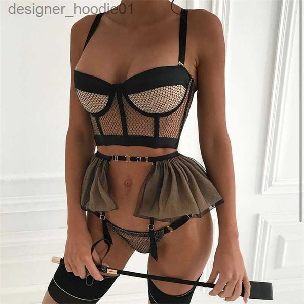 Set sexy Yimunancy Set reggiseno in rete imbottito in 3 pezzi Set lingerie patchwork in rete da donna Set intimo sexy nero 220513 L230918