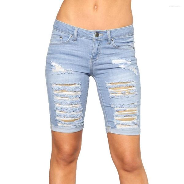 Shorts femininos 2023 moda verão rasgado hemming denim para mulheres casual alto estiramento jeans magros S-2XL
