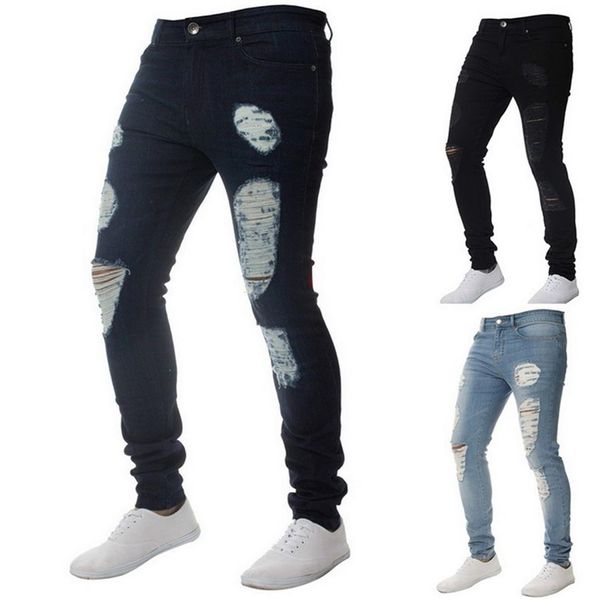 Moda katı beyaz kot pantolon seksi yırtık delik sıkıntıları yıkanmış skinny jeans erkek gündelik dış giyim hip hop pantolon 2020290a