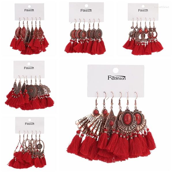 Dangle Küpeler Vintage Kırmızı Renkli Pamuk Tassel Set Altın Kaplama Geometrik Çiçek Düğün Partisi Takı Sevgililer Günü Hediyesi