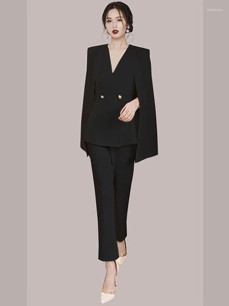 Pantaloni a due pezzi da donna Blazer da donna Set manica a mantella con scollo a V Top con svasatura a nove lunghezze Office Lady Style 2023 Moda autunnale