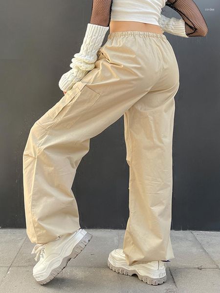 Calças femininas 2023 luz cáqui carga streetwear algodão grande bolso retalhos casual cordão cintura baixa baggy calças senhora