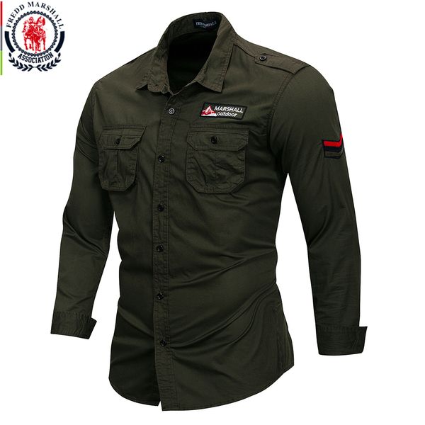 Camicie casual da uomo Fredd Marshall Camicia militare in cotone 100% Camicia da uomo a maniche lunghe casual Camicie da lavoro cargo maschili con ricamo 115 230918