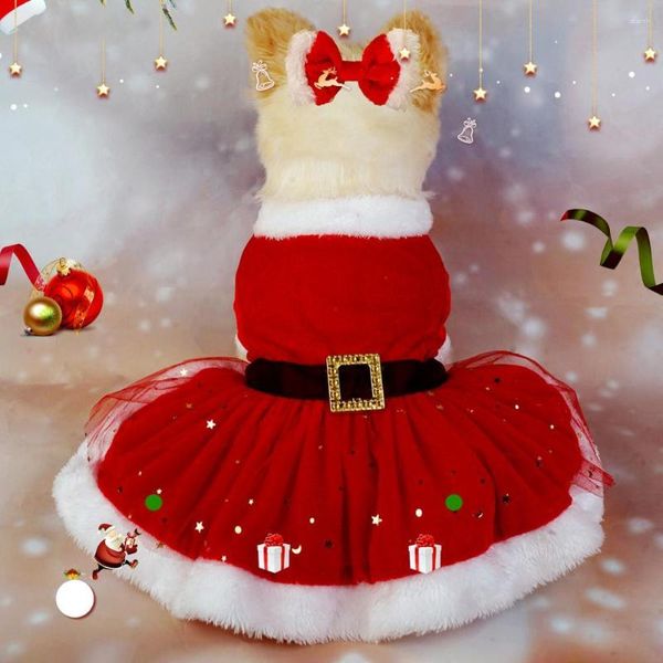 Hundebekleidung, auffälliges Haustierkleid, festliche Kostüme, glänzendes Netz, Glitzer, Weihnachtsmann-Lametta-Stoff, mit Haarband für Weihnachten