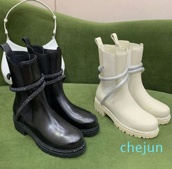 Bota feminina de inverno com cinto embelezado com cristal, couro de bezerro preto, tornozelo bordado, estrela de abelha, sola de combate robusta