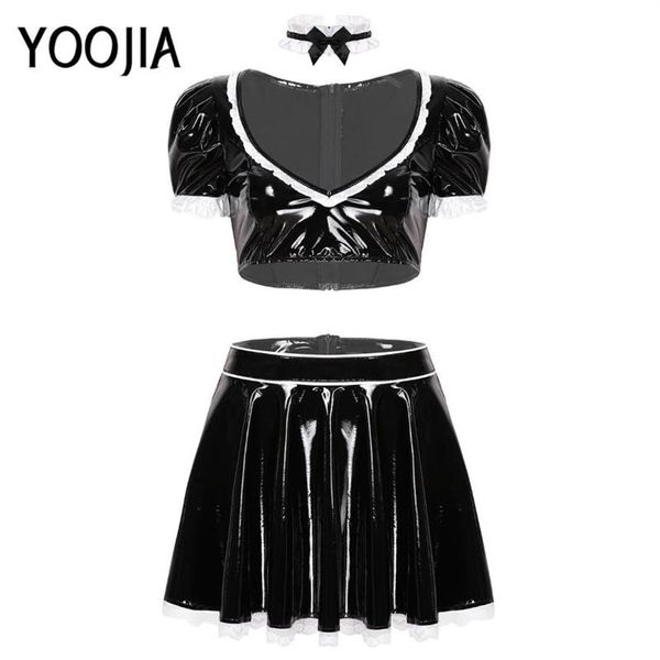 Bras Define Womens Adulto Maid Cosplay Traje Patente Couro Wetlook V-Neck Puff Manga Top Ruffled High Rise A-Line Saia Curta Set2842