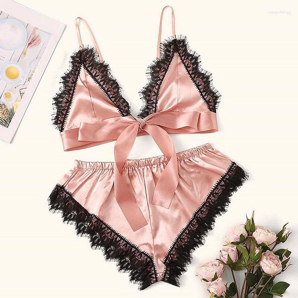 Pijamas femininos 1 conjunto lingerie sexy sutiã conjunto sem mangas cinta renda guarnição cetim cami tops pijama conjuntos sutiãs feminino breve