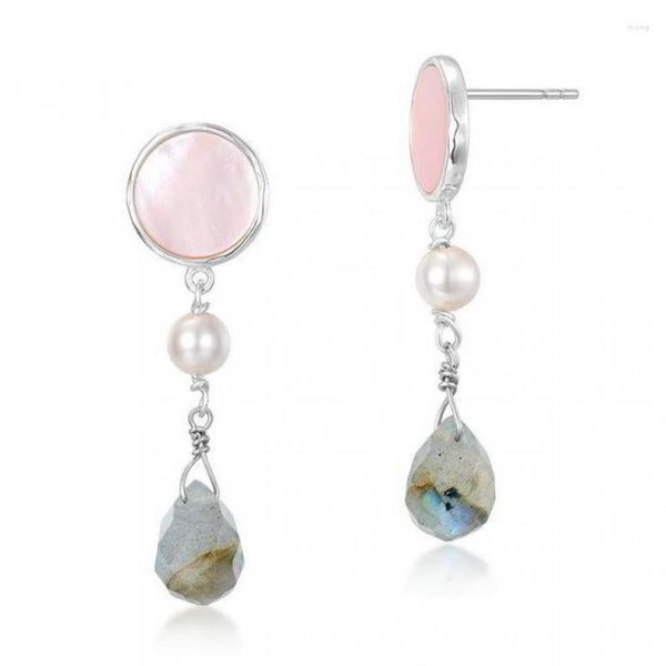 Orecchini pendenti Labradorite naturale S925 Argento sterling placcato platino Orecchino a goccia con pietra di perla rosa conchiglia da donna