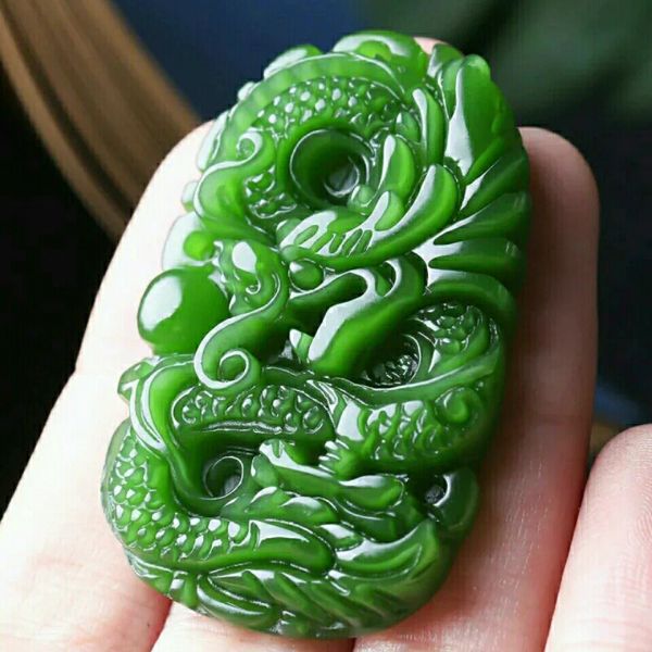 Natural verde hetian jade dragão pingente colar esculpido chinês jadeite jóias charme reiki amuleto presentes