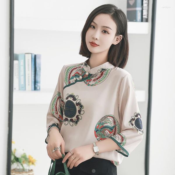 Frauen Blusen Seide Chinesischen Stil Shirts Sommer 2023 Gedruckt Vintage Satin Damen Oansatz Lose Drei Viertel Tops YCMYUNYAN