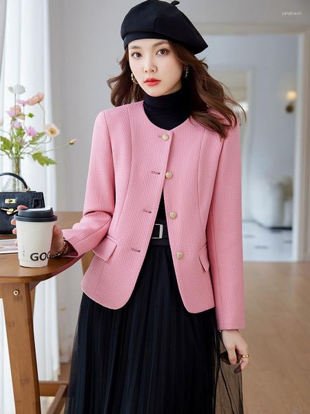 Ternos femininos mulheres moda blazer rosa preto bege feminino o-pescoço único breasted manga longa casual casaco fino para 2023 outono inverno