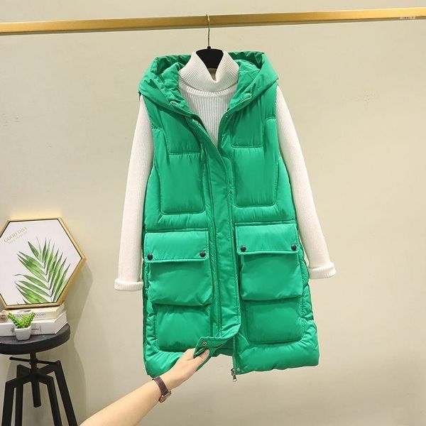 Gilet da donna Gilet invernale lungo da donna Tasche grandi Giacca senza maniche da donna con cerniera con cappuccio Gilet solido per donna 5XL