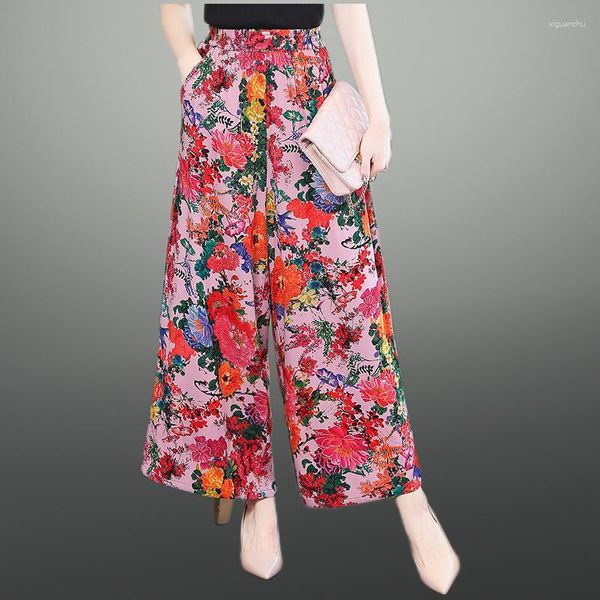 Женские брюки 2023, широкие драпированные летние брюки из тонкого хлопка с высокой талией и большим красным цветком, длинные брюки-палаццо