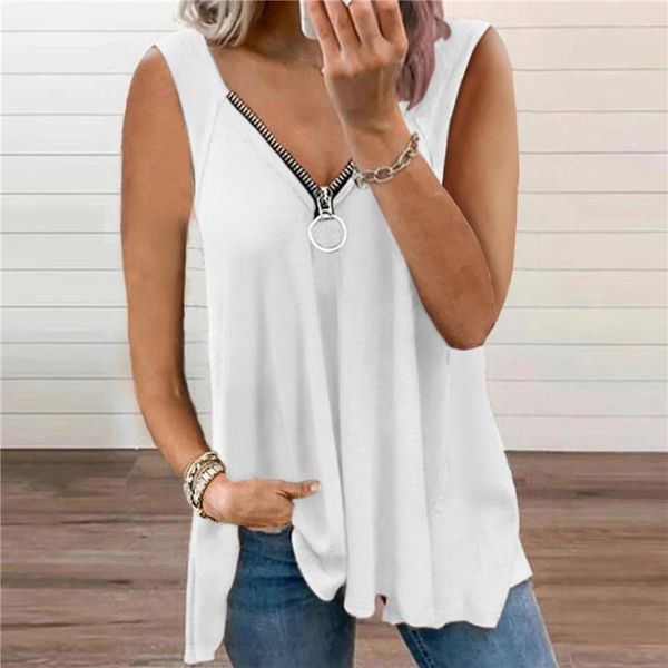 Camiseta feminina casual solta verão com decote em v baixo corte zíper contraste cor sem mangas regata camiseta colete roupas femininas 2023 streetwear