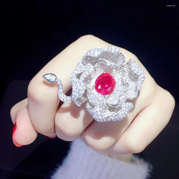 Anelli a grappolo Anello da cocktail con fiore di loto grande iperbole Argento sterling 925 con zirconi cubici Gioielli da donna pregiati Misura regolabile