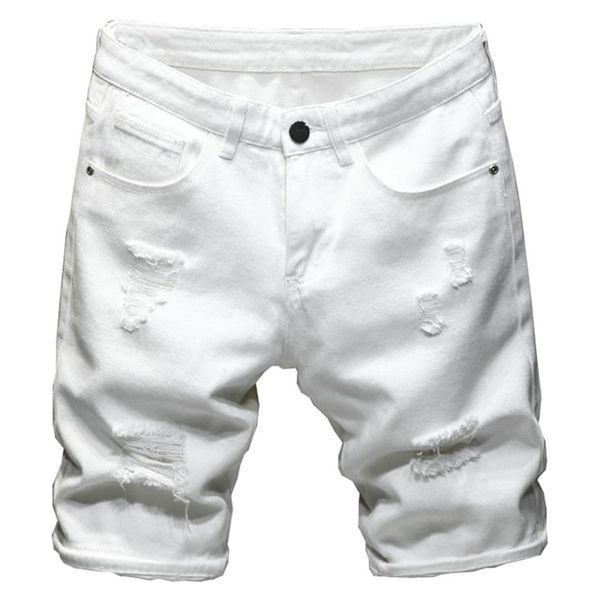 Jeans masculinos verão rasgado denim shorts streetwear buracos magro estiramento reto preto branco292r