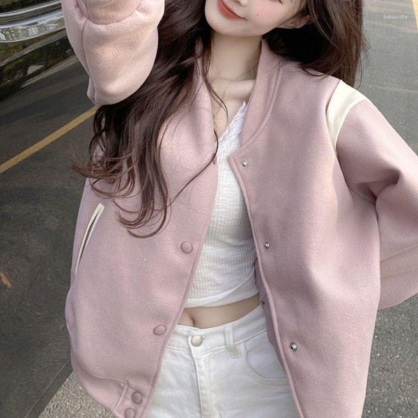 Jaquetas femininas 2023 primavera rosa jaqueta de beisebol mulheres harajuku casual impresso coreano oversize bombardeiro uniforme streetwear mangas compridas top