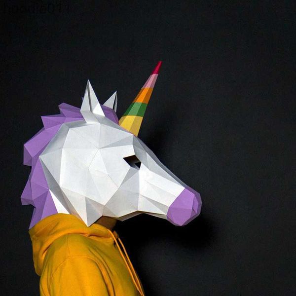 Kostümzubehör Cosplay Maske 3D Papercraft Papier Erwachsene Maskking Einhorn Halloween Horror Masque Visage Kostüm für Frauen DIY Spielzeug Kunst Party Cos L230918