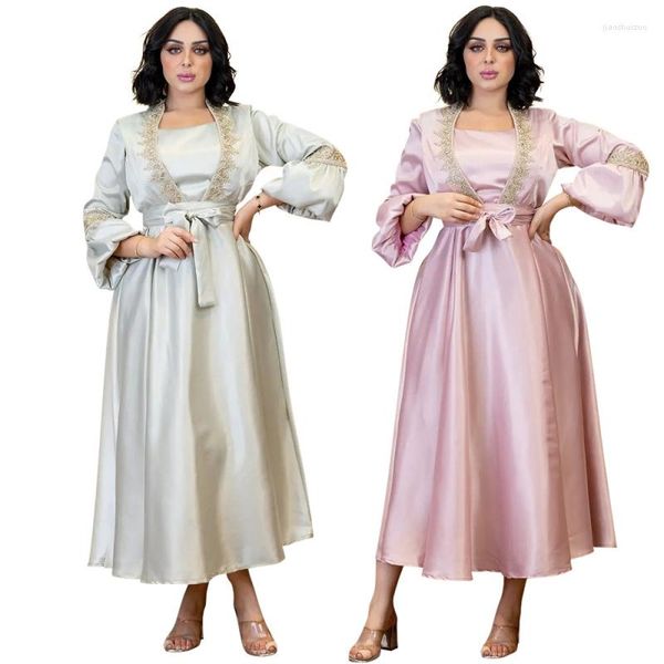 Ethnische Kleidung, modisch, Satin, bestickt, Puffärmel, Abaya-Robe, elegante Dubai-Damenparty, Hochzeit, Maxikleid, hohe Taille, A-Linie, Abend