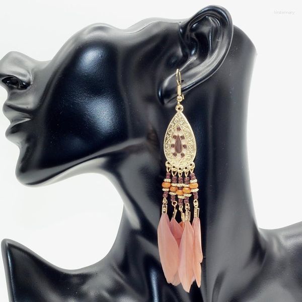 Orecchini pendenti Arrivo a forma di goccia d'acqua Perline vintage Nappa Boho Pendenti con piume lunghe Accessori da donna