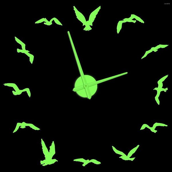 Horloges murales Mouette lumineuse grande horloge oiseaux nature animal décor à la maison brillant autocollants bricolage silencieux non tic-tac montre pour chambre d'enfant