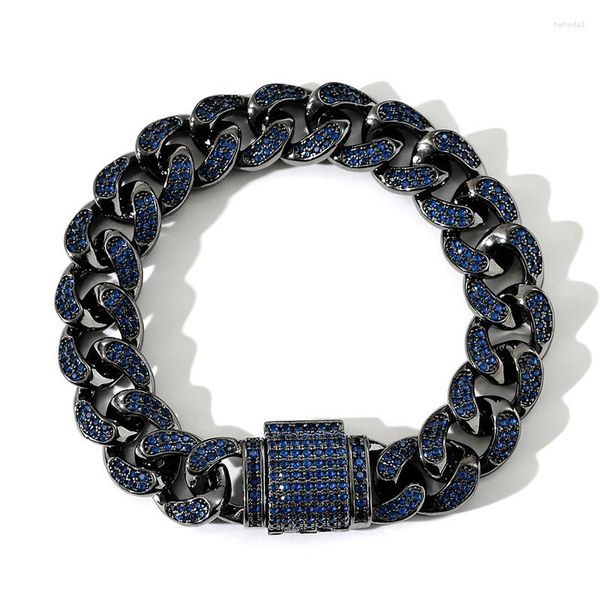 Braccialetti a maglie Hip Hop Micro pavimentato blu CZ Pietra Bling Iced Out Solido nero catena cubana Bracciale rigido per uomo Rapper Gioielli