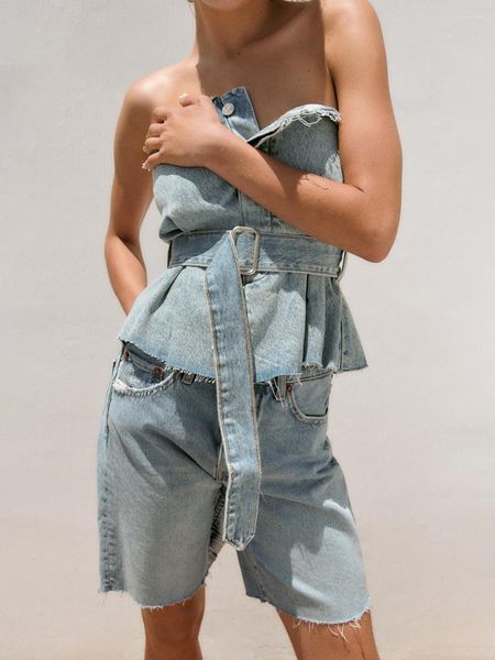 Damen Tanks Denim Crop Top Frauen Blau Korsett Tank Weibliche Rückenfreie Tube Tops 2023 Chic Gürtel Trägerlos Drapierte Frau Sommerkleidung