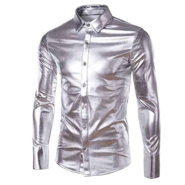 Herrenhemden Gold Silber Glänzende Lederbeschichtung Hemd Männer Clubwear Mode Langarm Top Button Up Punk-Stil Hip Hop 180P