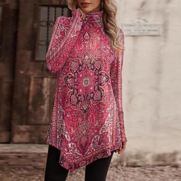 Damenblusen Mode Frauen Bluse Top Unregelmäßiger Saum Vintage Ethnischer Stil Hoher Kragen Blumendruck Langarm Dame Blusas De Mujer