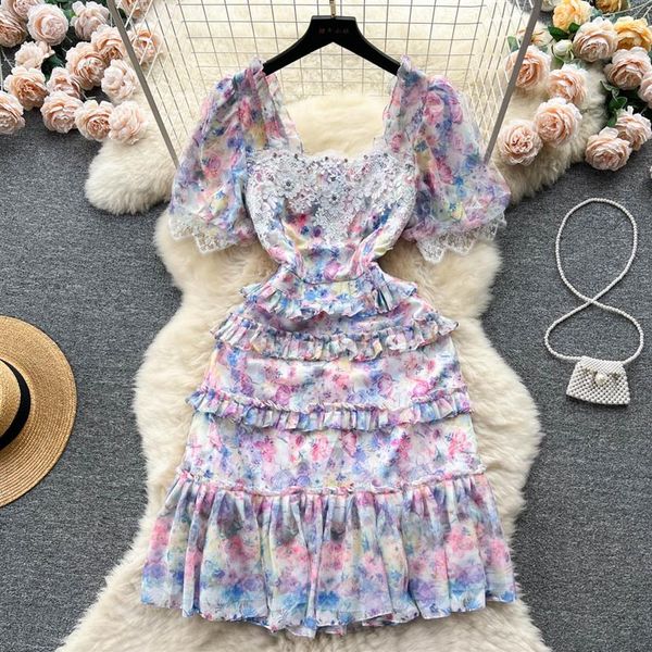 Casual Kleider Runway Urlaub Sommer Mesh Kuchen Kleid Frauen Puff Ärmel Quadrat Kragen Stickerei Perlen Spitze Trims Mini Ves3243