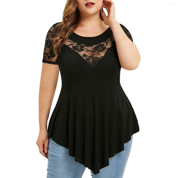 Camicette da donna Taglie forti 3XL 4XL 5XL Pizzo floreale Scava fuori T-shirt a maniche corte Donna Abbigliamento estivo Top con volant Camicetta irregolare