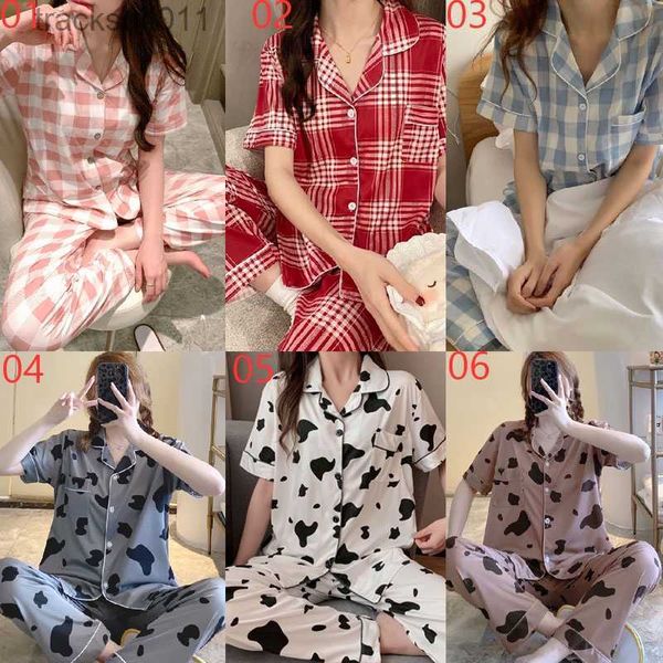 Mulheres sleepwear coreano mulheres algodão pijama conjunto de manga curta xadrez leopardo impressão sleepwear pijamas terno feminino nightwear homewear l230918