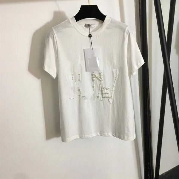 T-shirt da donna Camicetta a maniche corte Top Pearl Nail Drill Casual Match Slim Girl Nero Bianco con girocollo Tees288b