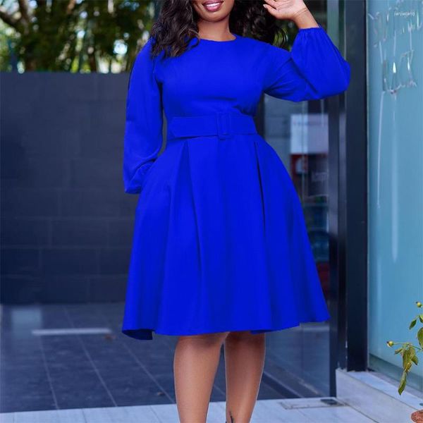 Abiti casual Zoctuo Royal Blue per le donne Matrimonio formale Petite Autunno Manica lunga Vita alta Abito elegante pieghettato con fasce