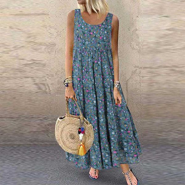 Abiti da donna con stampa floreale Abiti estivi vintage o collo larghi da spiaggia senza maniche bohemien maxi abiti lunghi casual femminili