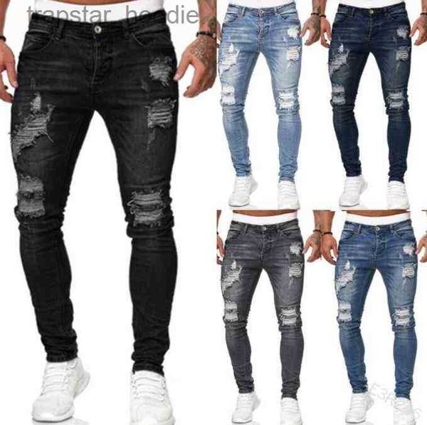 Erkek kot erkek deliği yırtık skinny jeans erkek moda renkli çizim kırışıklık jimpness kalem pantolon motor bisikletçisi hip hop deni rahat pantolon x0621 l230918