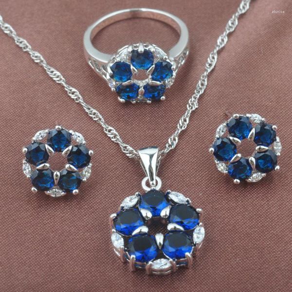 Collana con orecchini in argento sterling 925 con eccezionale anello pendente da donna con zirconi blu TZ0384