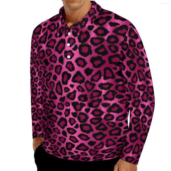 Polos masculinos rosa leopardo casual t-shirts homem animal impressão manga longa polo camisas turn-down colarinho novidade primavera camisa gráfica tamanho grande