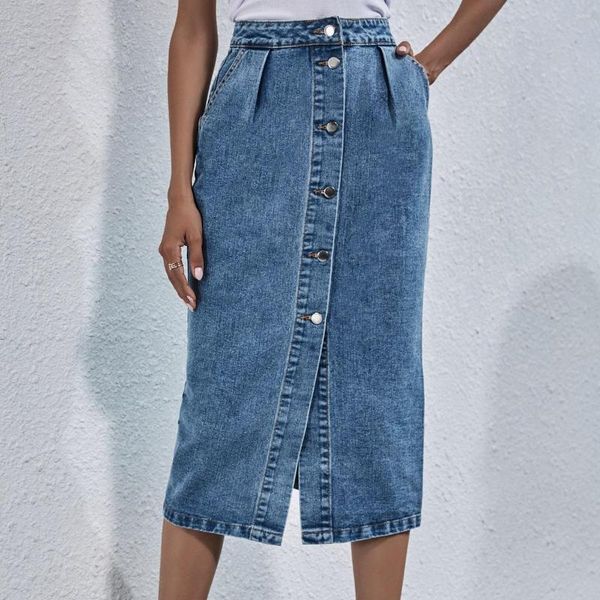 Röcke 2023 Einreiher Knielangen Denim Rock Frauen Streetwear Casual Tasche Hohe Taille Gerade Jeans