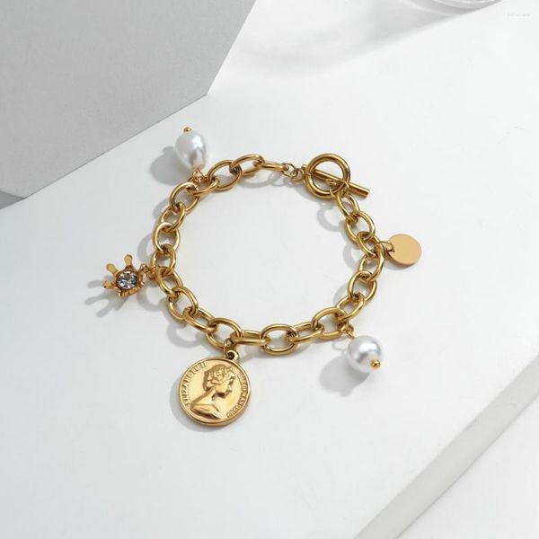 Braccialetti con ciondoli Greatera Trendy Ritratto Moneta Bracciale con perle Catena in acciaio inossidabile color oro per gioielli da donna in titanio