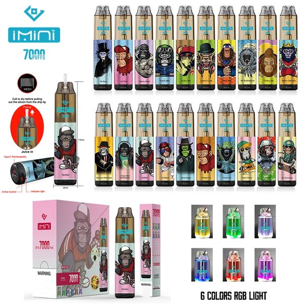 Original imini Tornado 7000 Puffs 0% 2% 3% 5% Puff 7000 850mAh Batterie wiederaufladbar 6 RGB Leichte Einweg -Vape Puff 7k Keine zusätzlichen Kosten Pods Mesh Spulen -Gerät in der Slowakei