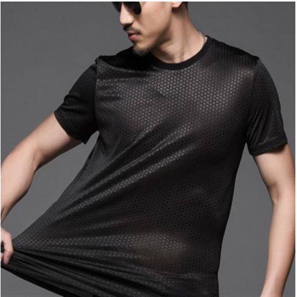 Sommer Herren Rundhals bedrucktes Top Kurzarm T-Shirt Plaid Große Größe Hochelastische Eisseide Sexy Atmungsaktiv Hohl Botto273A