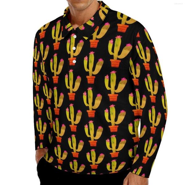 Polo da uomo T-shirt casual Cactus carino Pianta in vaso Polo da uomo Camicia cool quotidiana Abbigliamento di design a maniche lunghe Taglie grandi