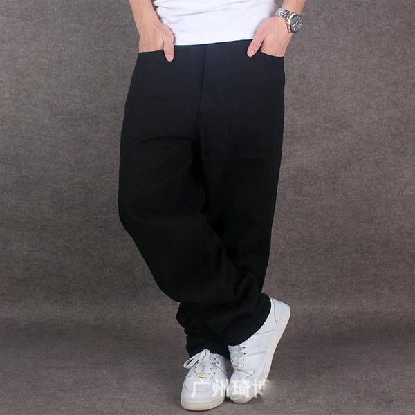 Calça jeans masculina larga, preta pura, hiphop, algodão, folgada, para dança de rua, plus size 42 44 461888