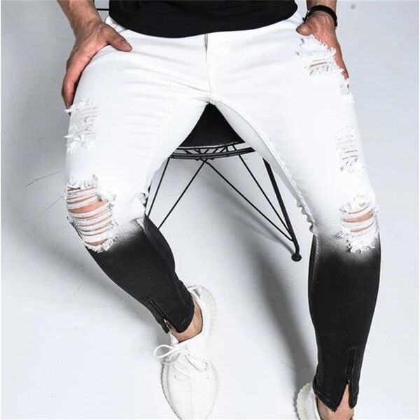 Neue Sommer Herren Skinny Jeans Männer Zerrissene Skinny Jeans Loch Zerstört Ausgefranste Slim Fit Denim Hose Mit Reißverschluss Bleistift Hosen Hosen L225A