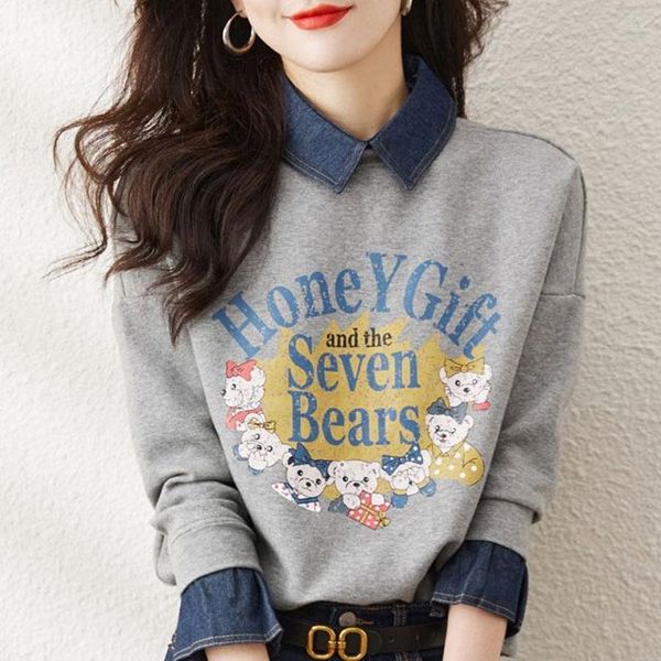 Hoodies femininos moda casual dos desenhos animados impresso carta sweatshirts primavera outono comute denim emendado roupas coreano pullovers soltos