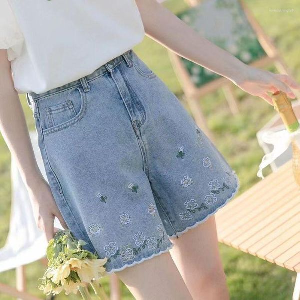 Frauen Shorts 2023 Sommer Hohe Taille Blau Gestickte Spitze Jeans Gerade Barrel Viertel Kurze Hosen Süße Damen Ins