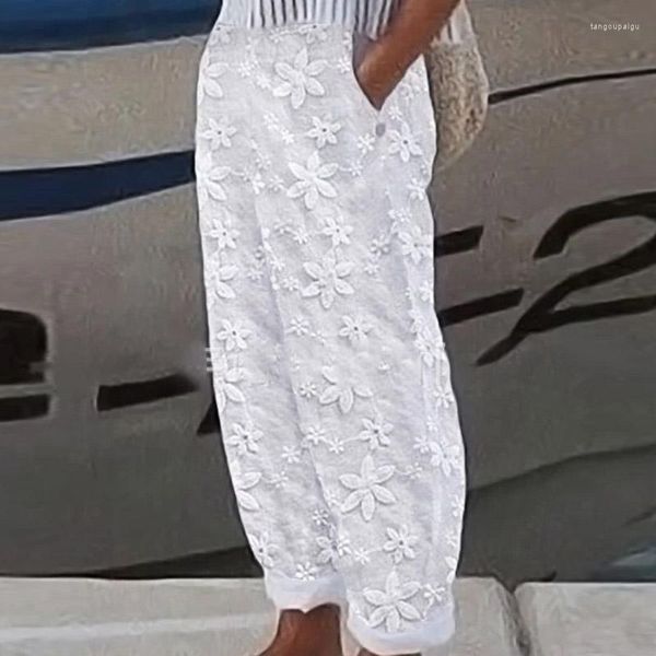 Kadınlar Pantolon Kadınlar 2023 Bahar Sıradan Moda Harem Vintage Geniş Bacak Bayanlar Gevşek Şık Jakar Beyaz Sokak Giyim Pantolon